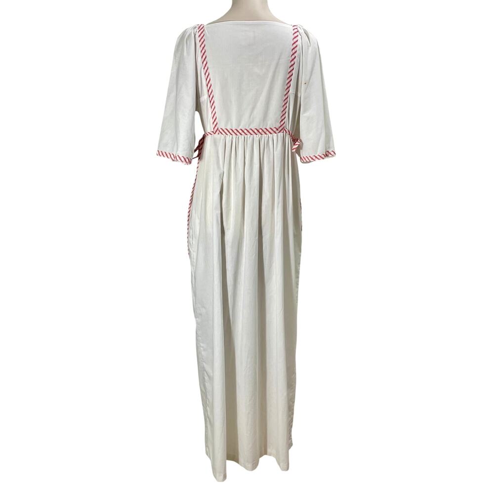 Vintage 70s Peasant House Dress Retro Rose White/Red Striped Trim Medium USA - Picture 3 of 12